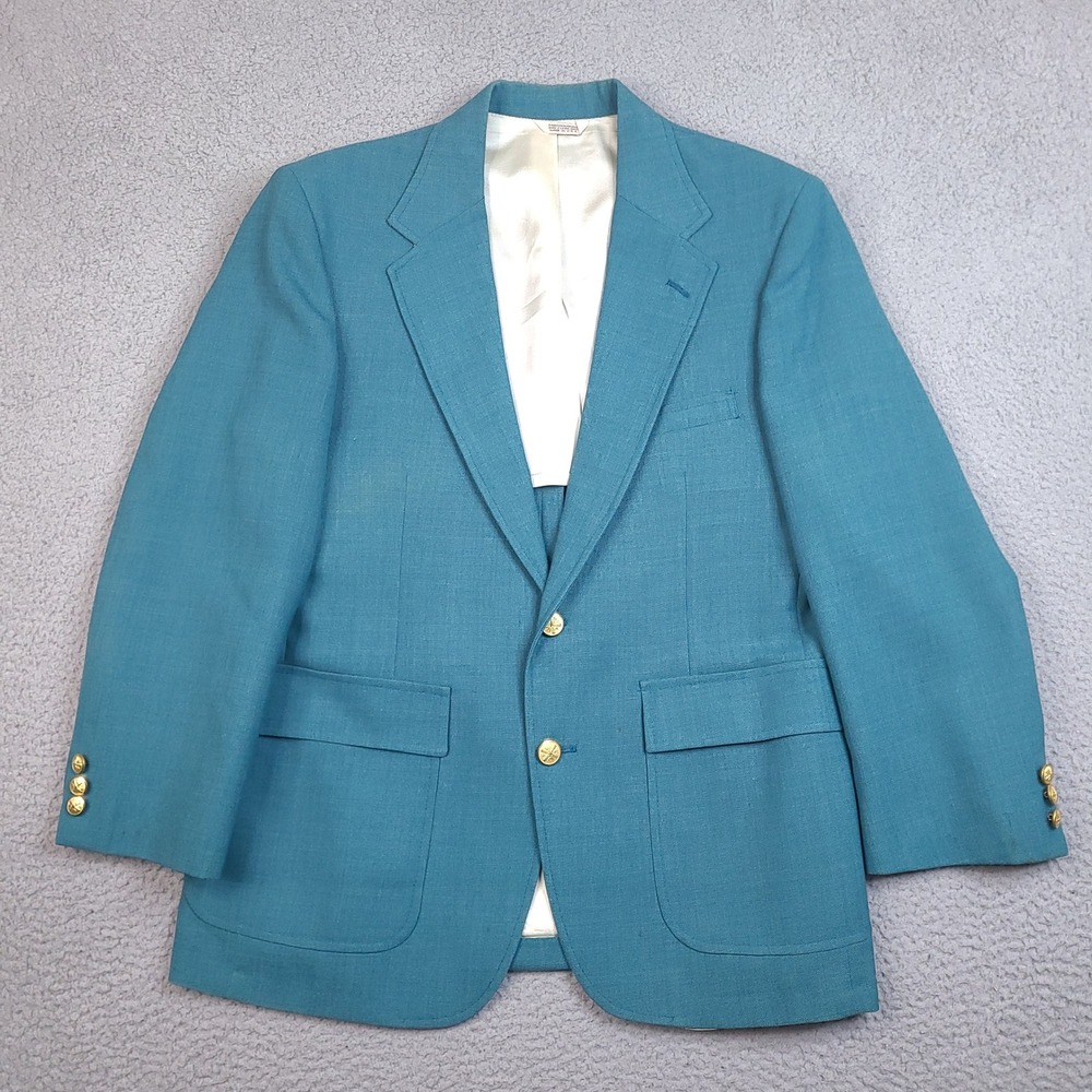 Oakmont Blazer Sport Coat Mens 40S Teal Blue Two Button Gold Buttons Vintage USA